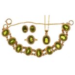 A peridot suite, comprising bracelet, pendant, ring and earrings, in 9ct gold, bracelet 13cm, part