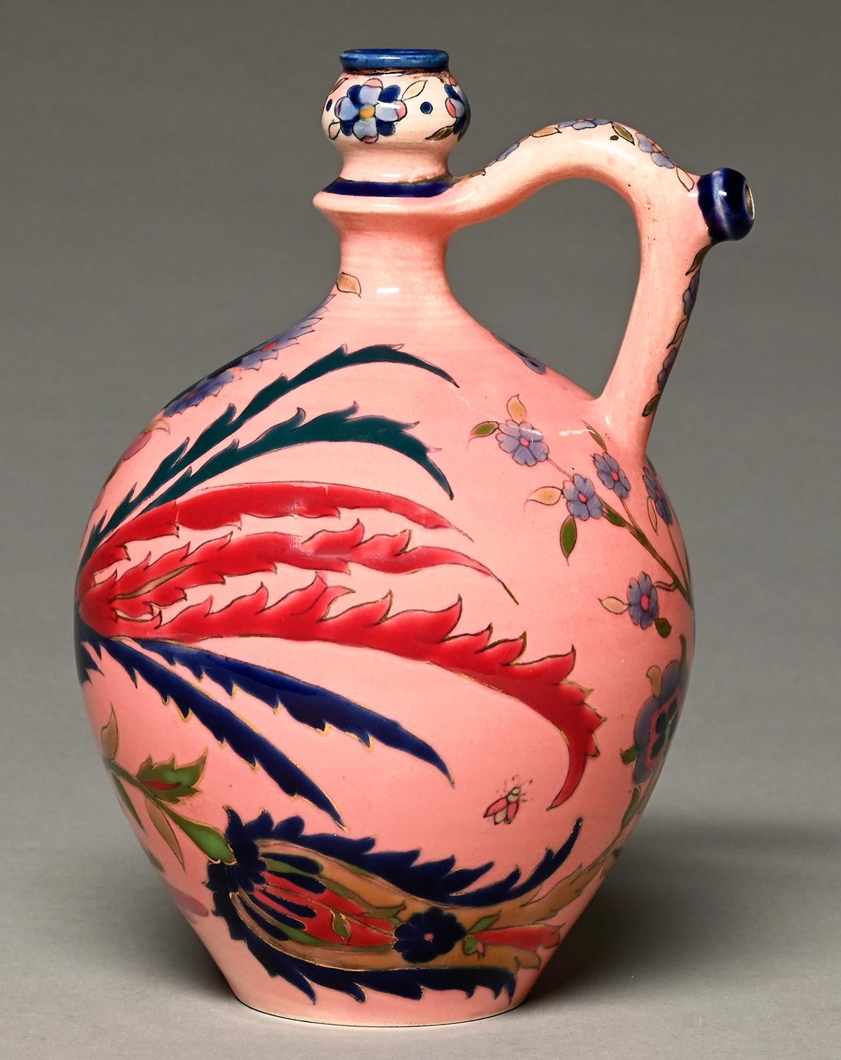 A Zsolnay ewer, c1880, decorated in the Magyar-Turkish style with a long tailed bird, tulips and - Bild 2 aus 3