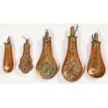 Five brass plain or embossed powder flasks, 19th c, various sizes