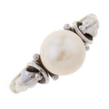 A cultured pearl ring, in white gold marked 14k, 2.9g, size O Light wear