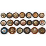 Twenty F & R Pratt colour printed pot lids, mid 19th c various subjects and sizes, one with gilt
