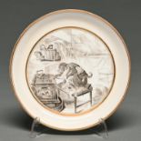 An unusual Minton bone china breakfast saucer, c1880, transfer printed in grey a monkey and cat at a