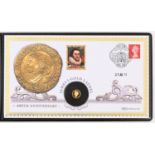 Gold Coin. Tristan da Cunha proof gold quarter laurel coin cover 2019