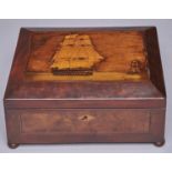 A sailor's mahogany, walnut, inlaid and penwork decorated workbox, late 19th c, the lid with a