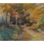Debra Manifold RI, PS (1961-2020) - A Sunlit Wooded Lane, pastel, 49 x 57cm and a Still Life of a