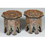 A pair of Turkish octagonal mother of pearl, bone and ebony inlaid  tables, early 20th c, 31.5cm