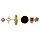 Six gold rings, early 20th c and later, variously gem set, 9ct or marked 375, 22g, various sizes