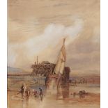 English School, 19th c - Fisherfolk on the Coast at Low Tide, watercolour, 31 x 26.5cm Mount tide