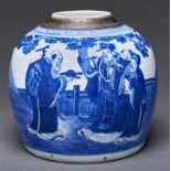 A Chinese blue and white jar, Qing dynasty, circa late 19th c, painted with immortals later