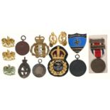 Miscellaneous Royal Navy and other metal cap badges, cloth insignia, sporting medals, etc