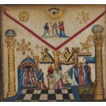 An unusual Victorian decorated silk freemason's apron, painted and gilt with figures and emblems,