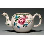 A Staffordshire saltglazed white stoneware teapot, c1765,  boldly painted in polychrome with a large
