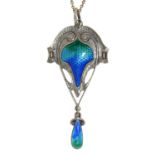 An art nouveau silver and translucent enamel openwork pendant and drop, 55mm excluding loop, by