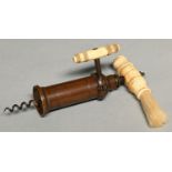 Corkscrew. An English narrow rack King's screw, 19th c, with turned bone handle and side handle, the