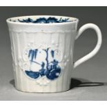 A Worcester blue and white coffee can, c1755-1760,  strap fluted and painted with the Fisherman