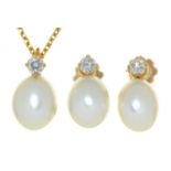 A cultured pearl and diamond necklet and pair of earrings, in 18ct gold, pendant 14mm, necklet