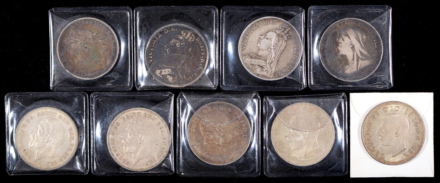 Silver Coins. Crown 1822, 1890 (2), 1894, 1935 (4) and 1937 (1) (9) Variable grades