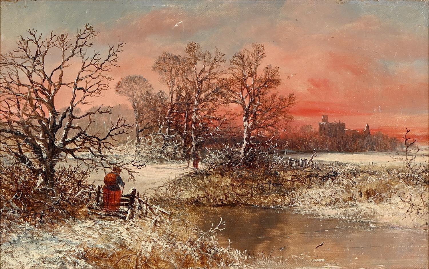 English School, 19th century - Sunset on a Winter's Day with a Figure at a Stile, oil on canvas,