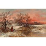 English School, 19th century - Sunset on a Winter's Day with a Figure at a Stile, oil on canvas,