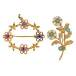 A turquoise and split pearl flower brooch, in 9ct gold, 35mm, London 1972 and a contemporary