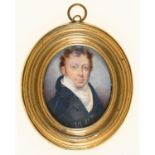 English School, early 19th c - Portrait Miniature of a Gentleman, with curly hair, in navy coat with