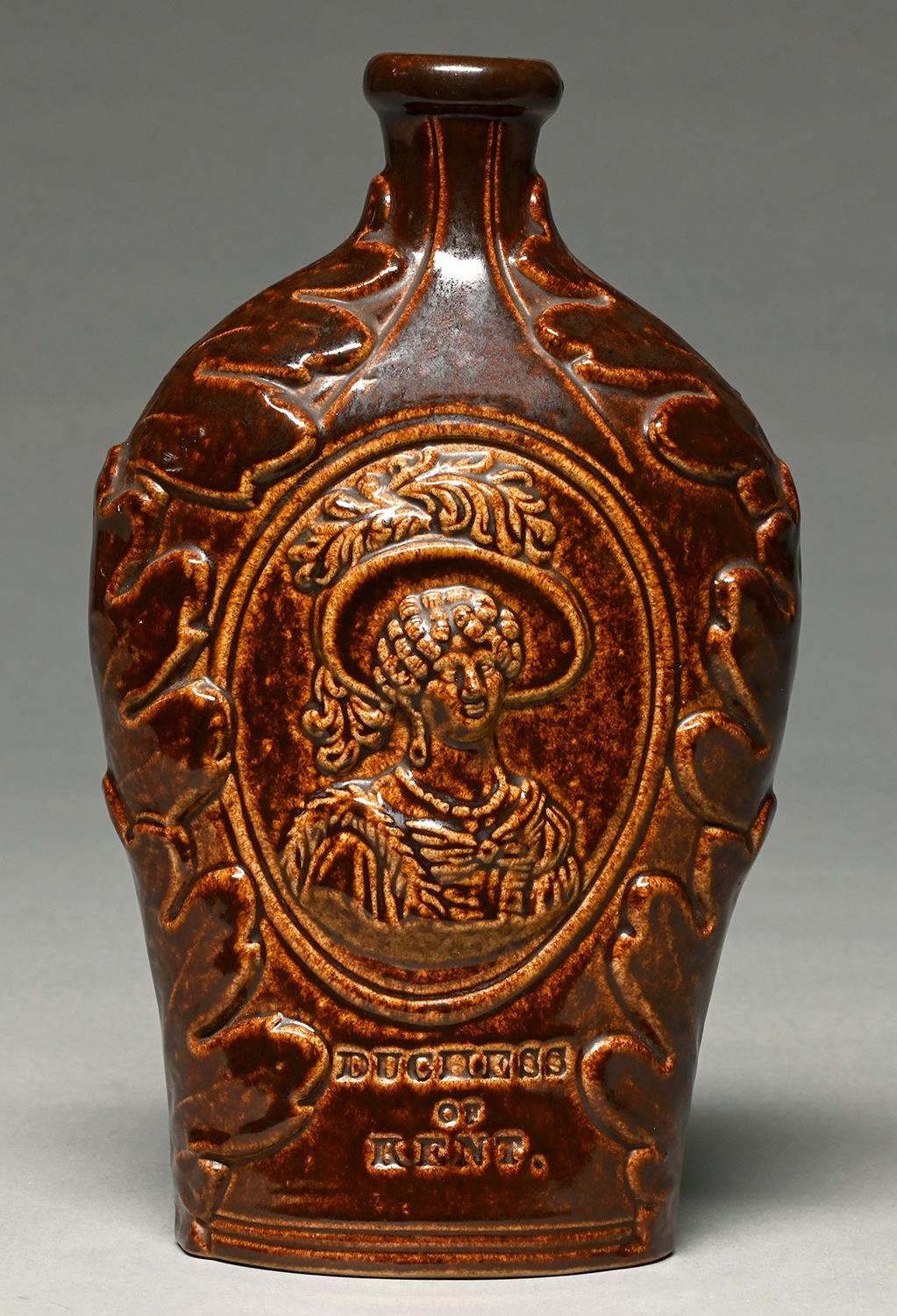 A saltglazed brown stoneware flask,  probably Derbyshire or Yorkshire, c1837,  moulded to either - Image 2 of 2