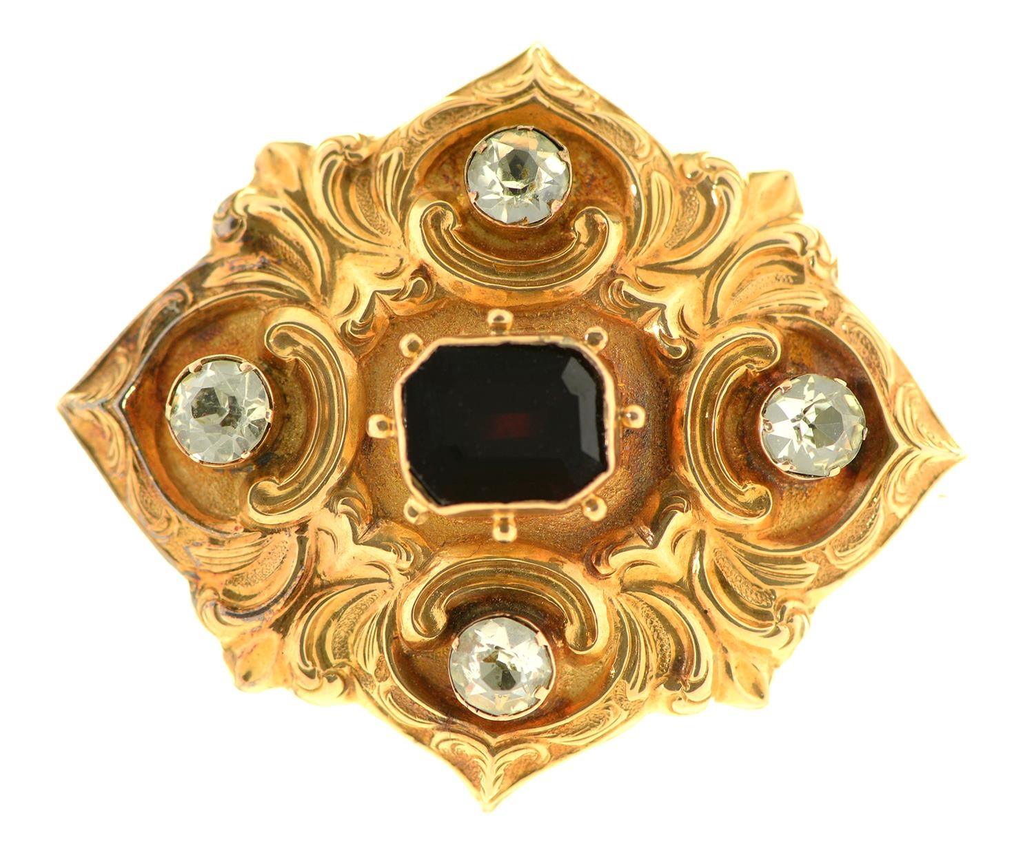 A Victorian garnet, green stone and gold brooch, mid 19th c, the back set with lock of hair, 40mm,