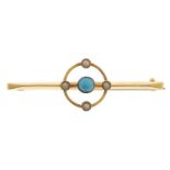 A turquoise and split pearl bar brooch, early 20th c, in gold marked 9ct, 1.5g Good condition