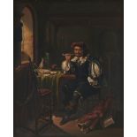 After Franz van Mieris the Elder - A Cavalier Smoking in an Interior, oil on board, 38 x 30.5cm In