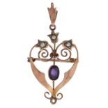 An art nouveau amethyst and split pearl openwork brooch-pendant, early 20th c, in gold marked 9ct,