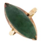 A jade navette cabochon ring, in 18ct gold, 5.1g, size H Cabochon scratched from wear, hoop size