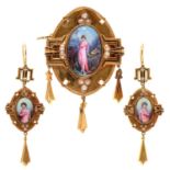 A gold and black enamel, painted enamel and split pearl demi parure, c1880, the principal oval