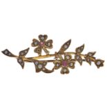 A ruby and split pearl spray brooch, c1900, in gold marked 9ct, 4.1g Several pearls deficient