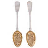 A pair of William IV silver tablespoons, Fiddle pattern, later chased and gilt as berry spoons, by W