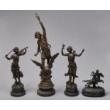 A pair of bronzed spelter figures after Richard - Serenade and Charmeuse, ebonised bases, 41cm h