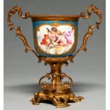 A French giltmetal mounted Sevres style seau, late 19th c, painted with putti or flowers in cisele