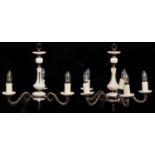A pair of giltmetal and marble three light chandeliers, 20th c, 35cm h Good condition
