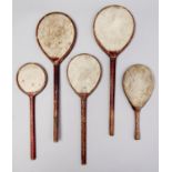 Five decorated wood and vellum battledore racquets, 19th c, 32-57cm l, one with part printed green