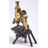 An English brass compound microscope, J Swift & Son, London, late 19th c, Patent 24960, focusing