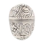 A George III egg shaped silver nutmeg grater, c1780, chased and engraved with flowers and shells