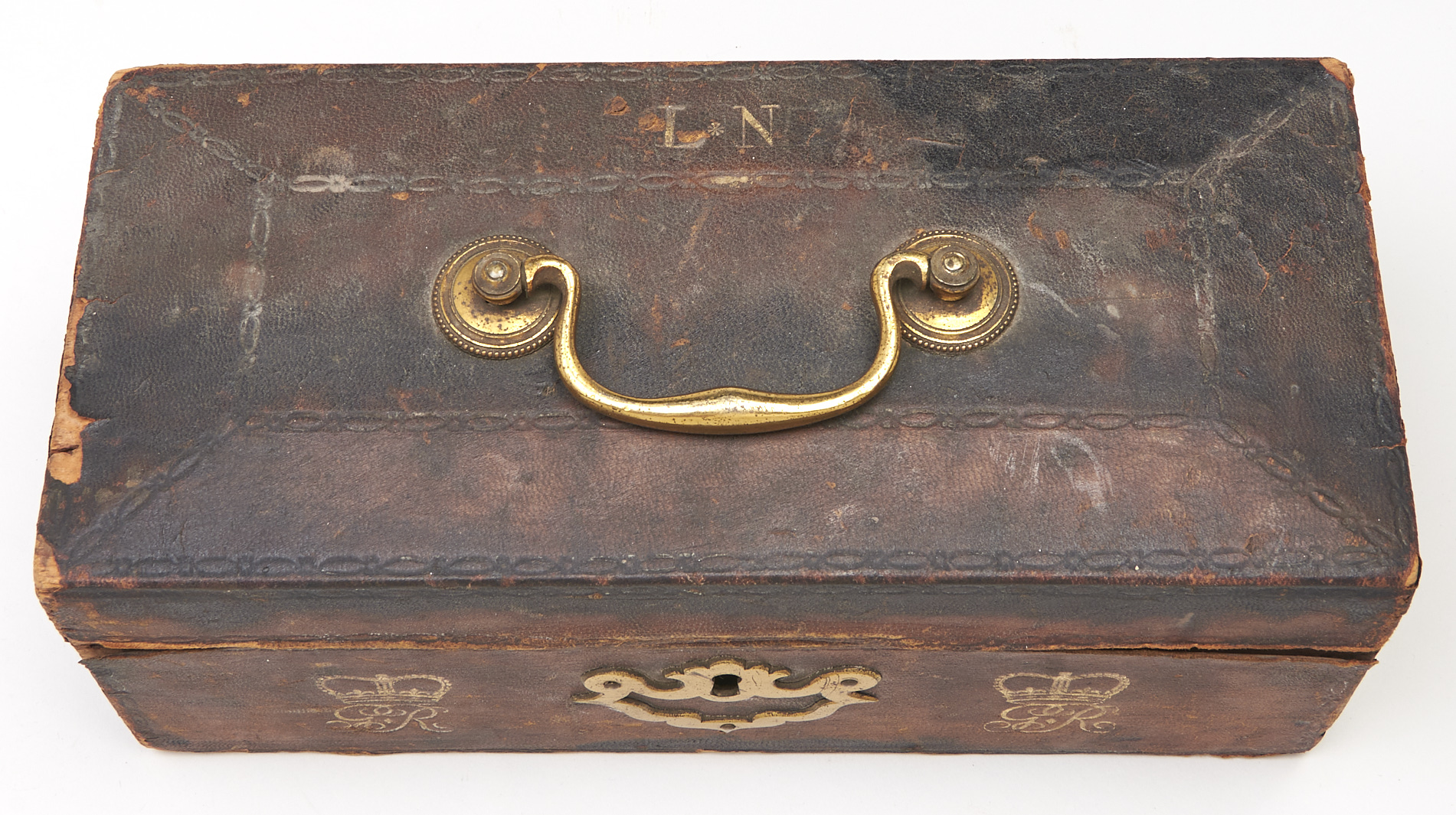 A George III tooled leather covered wood dispatch box, late 18th c, with brass carrying handle, - Image 2 of 3