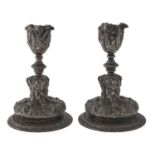 A pair of Victorian electrotype dwarf candlesticks in Mannerist style, 13cm h, by Elkington