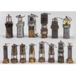 Fourteen miner's lamps, 19th / 20th c, including two brass Geordie lamps, a cap lamp and an