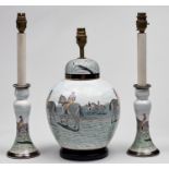 A Brights of Nettlebed table lamp, of baluster jar and cover form, decorated with jockeys and