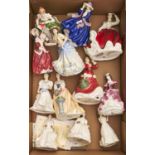 Twelve Royal Doulton bone china figures of young women, various sizes, printed marks Good condition