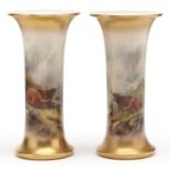 A pair of Royal Worcester spill vases, 1919 and 1920, painted by H Stinton, both signed, with