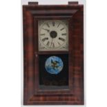An American wall clock, late 19th c, the rectangular mahogany veneered case enclosing rectangular