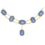 A Wedgwood jasper  ware cameo set gold necklace, c1870, with six oval or hexagonal cameos, double