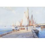 A D Bell  (fl  1920's-1950's)- Port Scene with Sailing Vessels, Fishermen on a Slipway,