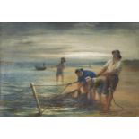 British School, 19th c - Seine Fishing at Sunset, indistinctly signed, watercolour 50 x 74cm One